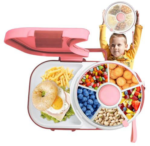 Snackbox Kinder mit Fächern und Deckel, Multifunktionale Kinder Snack Spinner mit Tragbarem Box Set, Sicher Versiegelter Snackteller, Reusable Snack Organizer für Outdoor, Familien, Party, Rosa