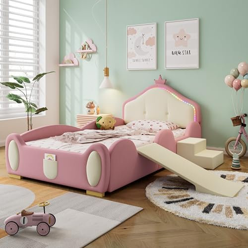 BTM Lit Enfant 90x200 avec Bande Lumineuse LED Réglable, Lit Capitonné Rose pour Petite Fille avec Petit Toboggan et Escalier, Sommier à Lattes et Barriere Inclus, PU, Rose et Beige (sans Matelas)