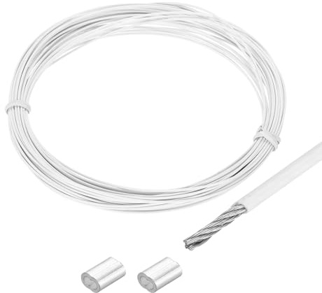 QUARKZMAN Drahtseil Edelstahl 10M x 0,8 mm Stahlseil PVC ummantelt mit 2 Aluminiumhülsen Sicherungsdraht Aufhänger für Bilder Vorhang Geländer Outdoor Gartenmöbel Sonnensegel, Weiß