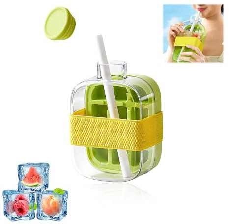 Haokelai Ice Cube Bottle with Straw, 2 in 1 Water Bottle Ice Cube Tray, Crush Cup Ice Cube Bottle with Lid, Ice Cube Making Bottle for Freezer,Coffee, Juice,and Beverages (Green, 500ml)