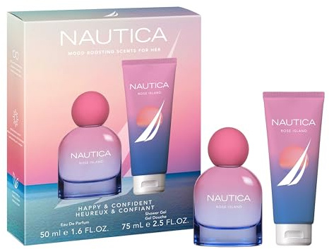 Nautica for Her Rose Island Giftset, 1.6 fl oz EDP + 2.5 fl oz Shower Gel, Notes of Lemon, Rose, and Musk, Women's Fragrance, Long Lasting, Mood-Boosting Fragrance, Vegan Formula