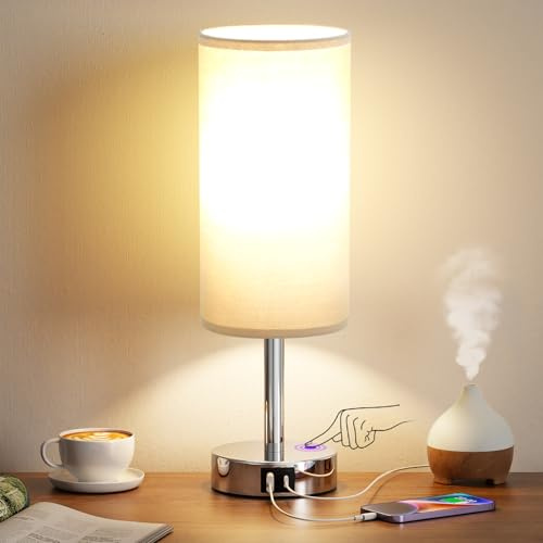 Aooshine Bedside Lamps, Table Lamp with 2 USB Charging Ports & 3-Way Dimmable Touch Control, Touch Lamps Bedside with Grey Shade, Small Lamp with for Bedroom/Living Room/Study(Bulb Included)