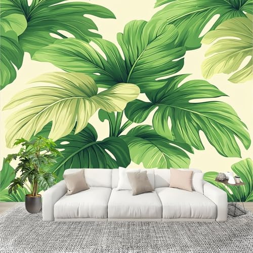 PatróN Simple de Hoja de Palma Fotomurales 200x140 cm Papel Pintado Tejido No Tejido Fotomural Verde Efecto 3D Papel Tapiz Decorativos para Dormitorio Salón TV Pared Murales Póster