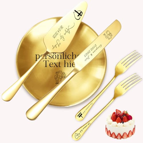 Tortenheber Hochzeit Personalisiert – Server mit Tortenaufleger & Tortenmesser, Gravur von Namen und Text | Hochzeitsgeschenk für Brautpaar, Jubiläen & Geburtstage (Goldenes 5-teiliges Set)