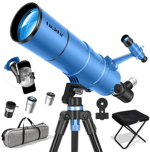 UncleHu Telescopio Astronomico Per Adulti E Bambini Principianti, 22X-165X, Telescopio Riffrattore Astronomico 90/550mm Con Sgabello Pieghevole&Treppiede&Adattatore Per Smartphone E Borsa Da Trasporto