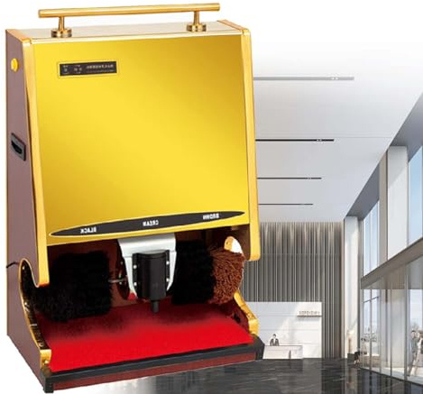 Automatisk Skoputsmaskin Handsfree, Elektrisk Skoputsare med Dubbelborste, 1200W Tyst Motor, Vaxbehållare, Titanlegering, Skoputs för Kontor, Hotell, Flygplats och Hemmiljö(Gold)