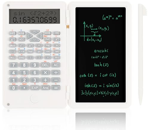 OFFCUP Calcolatrice Scientifica con LCD Lavagna Cancellabile 240 Funzioni Display a 2 Righe Pieghevole con Funzione Penna e Nota Materiale Scolastico per Liceo Università Scuola Casa（Bianco）