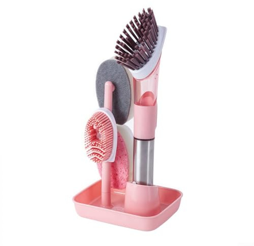 4-in-1 Kitchen Cleaning Brush with Soap Dispenser, Long Handle Dishwashing Brush for Pots, Scrub Brush with Detergent Reservoir, Compatible with Si(Light RED)