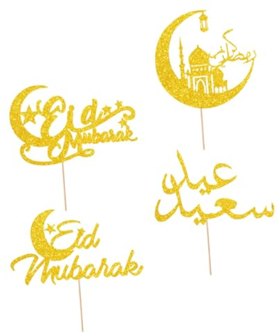 TOYANDONA 4 Stück Eid Festival Kuchendeko aus Papier Cupcake Topper Kuchenpick für Muffins und Obst Muslimische Partykuchenfahnen für Festliche Backdekoration