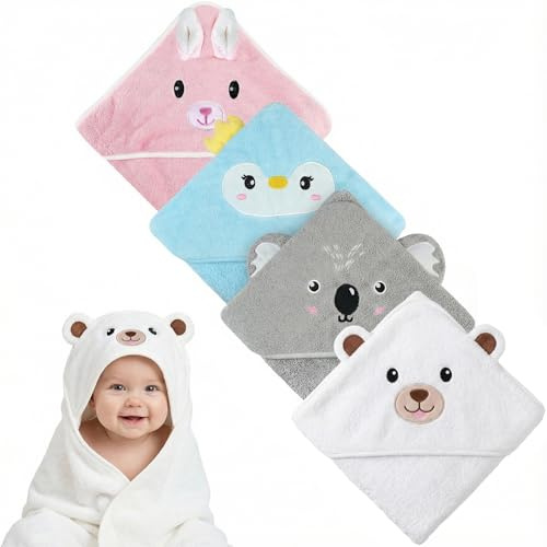 4 Stück Kapuzenhandtuch Baby, 80x80cm Baby Handtuch Kapuze, Weiches Babyhandtuch Korallenvlies Babyhandtuch mit Kapuze, Kaputzenhandtücher Babies für Kleinkinder Neugeborene(Weiß, Grau, Rosa, Blau)