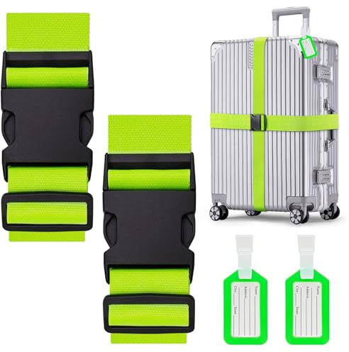 Koffergurte 2 Stück, Verstellbare Kofferband mit Kofferanhänger, Auffällig Kreuzgurt Kofferbänder für Koffer Markierung, Reisezubehör Gepäckgurt Luggage Strap zum Sicheren Verschließen (Grün)