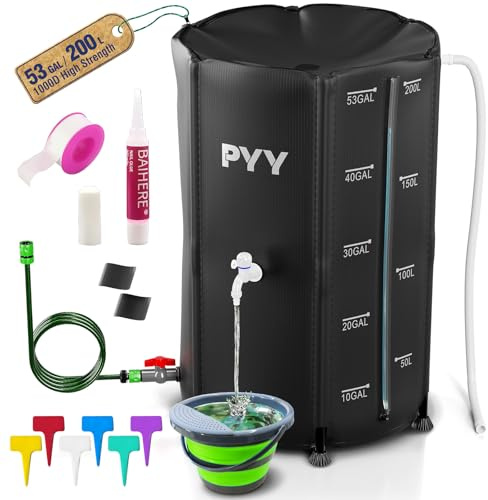 PYY Rain Water Collection Barrel - 53 Gallon Black Large Water Storage Tank with Spigot, Hose and Portable Bucket, Plastic Collapsible Rain Catcher Catchment System to Collect Rainwater from Gutter