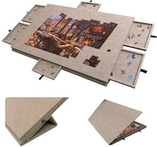 Stoolzfaid Kippbarer Puzzletisch mit 6 Schubladen,Zusammenklappbares Puzzlebrett,Leichte Filz-Puzzle-Plattform,mit 2-in-1 Design Ständer und Deckel,rutschfeste,für Puzzles mit bis zu 1500 Teilen
