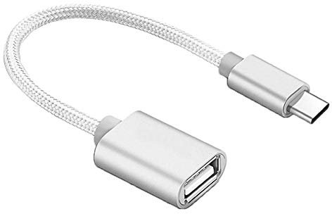 REY - Conversor Adaptador OTG USB Hembra a USB 3.1 Tipo C Macho Cable Malla Reforzada 16 Cm Plata