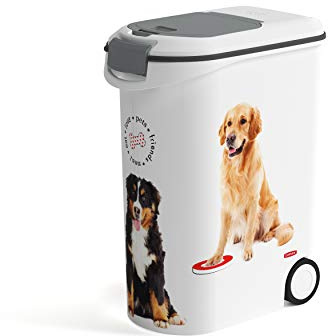 Curver Conteneur à Croquettes Pour Chien - 20kg / 54L - Grand Rangement Hermétique Anti-Odeurs pour Nourriture pour Chiens - Conteneur à Roulettes et Poignées de Déplacement - 28 x 49 x 61 cm - Blanc