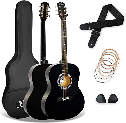 3rd Avenue Pacchetto con chitarra acustica 3rd Avenue di dimensioni standard 4/4 livello beginner, corde in acciaio, custodia da trasporto, plettri e corde di riserva – Nero