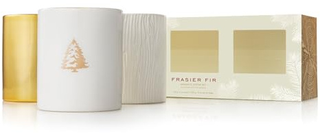Thymes Frasier Fir Votive Candles - Gilded Collection - Crisp Just-Cut Forest Fragrance - Set of Three Holiday Candles - Wood Grain, Gold, and White - Gifts for Women & Men (3 oz Each, Pack of 3)