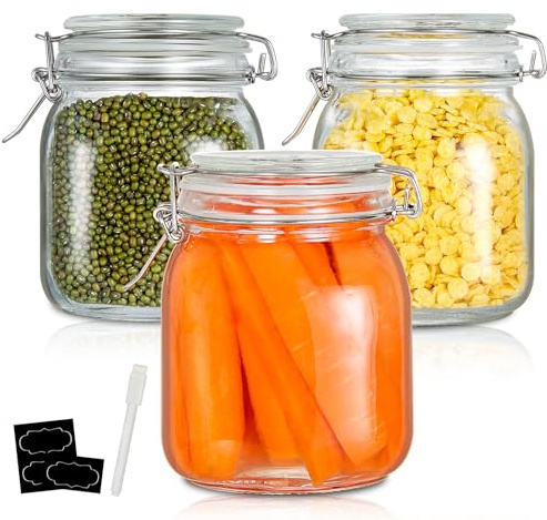 YEBODA 32oz Food Storage Canister Glass Jars with Clamp Airtight Lids and Silicone Gaskets for Multi-Purpose Kitchen Containers - Clear Square (3 Pack)