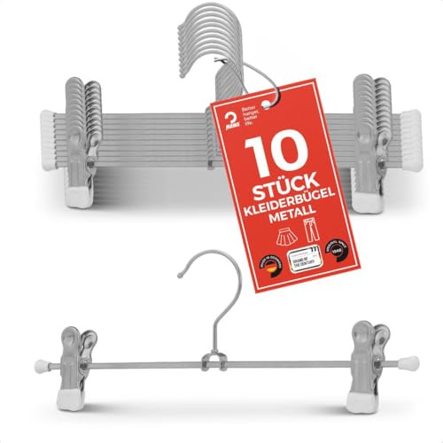 MAWA Cintre à Pinces, Lot de 10, en Métal, Gain de Place, pour Pantalons et Jupes, Clips avec Revêtement Antidérapant, Crochets Rotatifs à 360°, 30 cm, Blanc