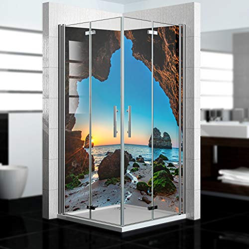 dedeco Eck-Duschrückwand wasserfest mit Höhlen Motiv UV-Lack glänzend - 2 x 90x200 cm, als Badrückwand zum Fliesenersatz, als Dekorwand, Wandverkleidung und Duschplatte aus Aluminium - Made in Germany