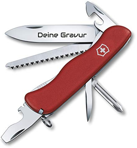 Taschenmesser Trailmaster mit Wunsch Gravur auf der Klinge I Geschenk für Männer Frauen I zum Geburtstag I Schweizer Taschenmesser personalisiert mit 12 Funktionen 0.8463 (rot)