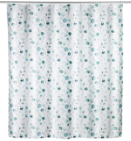 WENKO Duschvorhang Pioppo, 180 x 200 cm, Vorhang aus 100% Polyester mit Metallösen & Gummi-Gewichtsband für Dusche und Badewanne, wasserabweisend & waschbar, inkl. 12 weißen Duschvorhangringen