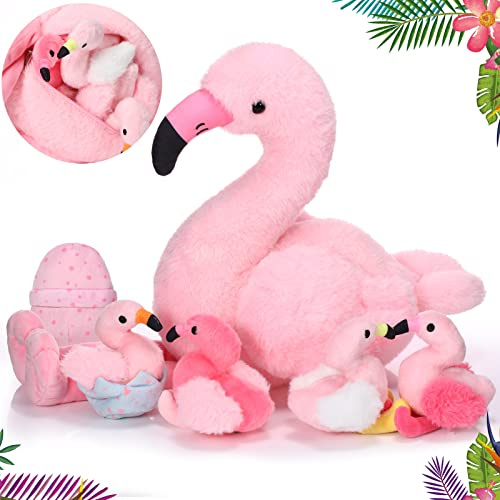 Skylety 6 Stück Plüsch Flamingo Stofftier 20 Zoll Mami Flamingo mit 4 Flamingo und 2 Eier Rosa Flamingo Spielzeug für Weihnachten Valentinstag Gastgeschenke