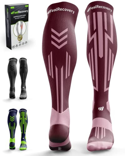 Sport Compression Strumporför Män & Kvinnor - Höga Strumpor Vaderna Vid LöPning, Crossfit, Fotboll - Sportstrumpor Idrott Och Återhämtning - Långa Strumpor Som Andas Merinoull (rosa/burgundy, S)