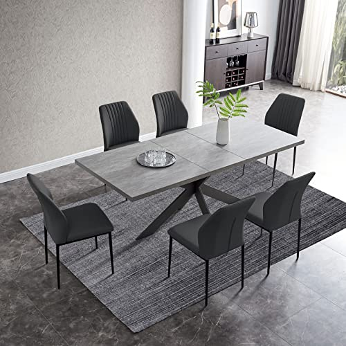 jiexi Essgruppen Für 4-6 Personen, Esstisch Ausziehbar Mit Stühlen, Moderner Grauer MDF-Holztisch, Geeignet Für Wohnzimmer, Küche (130-170cm Tisch + 6 Schwarze Stühle)