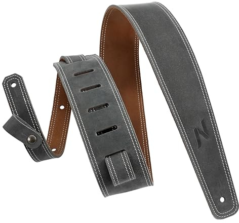 Nefelibata Gitarrengurt, 2,5 breiter Gitarrengurt aus Vollnarbenleder mit Schaumstoffpolsterung und Kabelaufbewahrungsschlaufe, für Akustik-, Bass- und E-Gitarren - Altgrau