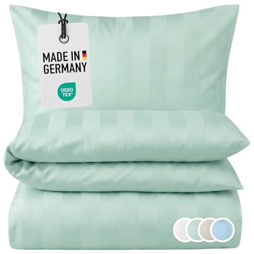 Carpe Sonno Damast Bettwäsche 135x200 cm Mako-Satin Blockstreifen, Grün | Hotel-Bettwäsche mit Damast-Blockstreifen | Bettbezug mit Reißverschluss + Kissenbezug 80x80 | 100 % Baumwolle