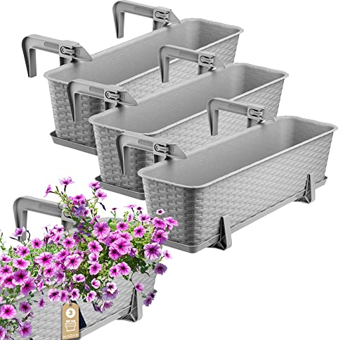 KADAX Lot de 3 jardinières 60 cm en Plastique avec Supports de Fixation – Bacs à Fleurs rectangulaires pour Balcon, Pots résistants pour Plantes et Herbes aromatiques (Gris Clair)