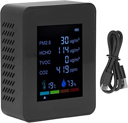 MonitorAir Quality DetectorTemperature and CO2 Meter Air Quality Monitor Temperature PM2.5 TVOC HCHO Detector USB Charging Multifunctional 6 in 1 CO2 Detector (Schwarz)