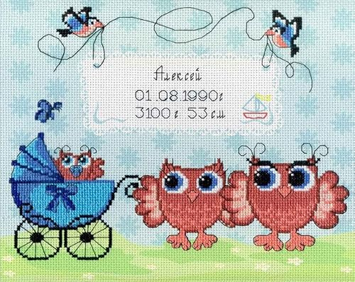 MP Studia Kreuzstich-Sticksets für Erwachsene und Anfänger, Kindermotive - Geburt Sampler Eulen 22x25cm/8.66x9.84 14ct.