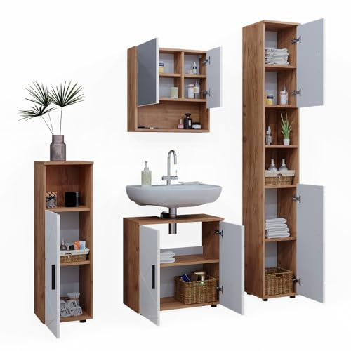 Vicco Badmöbel-Set Irma, Weiß Hochglanz/Goldkraft Eiche, 80 cm | besteht aus Waschbeckenunterschrank, Spiegelschrank, Hochschrank und Midischrank