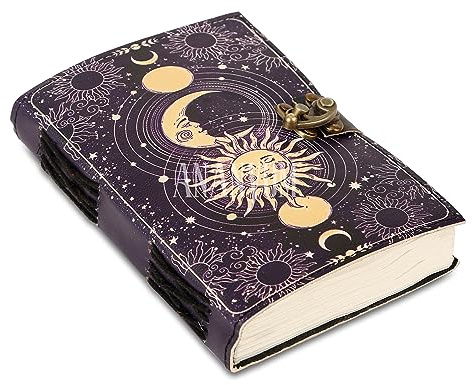 ANANYOM Handgjord läderdagbok, lila, sol och måne vintage läder anteckningsbok diary sketchbook, mässing Clasp lås journal för män och kvinnor, dagbok handgjord skapad 200 sidor, storlek 20 (L) x 15
