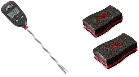 Weber 6750 Digitales Taschenthermometer, Grillthermometer mit Sofortanzige, 3.2 x 10.8 x 5.0 cm & 17688 Reinigungsschwamm, 2 Stück, 25.0 x 6.0 x 9.0 cm