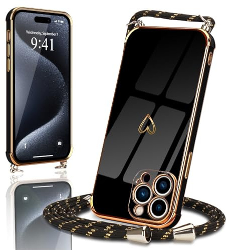Micoden Handykette für iPhone 15 Pro Hülle Necklace mit Band Herz Design | Kameraschutz Handyhülle Herz Design Galvanik Dünn Silikon Case Bumper Kordel zum Umhängen Stoßfeste Schutzhülle, Schwarz
