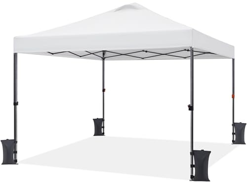 Yaheetech 10x10 Pop up Canopy Tent, Commercial 150D Silver Coated Fabric Outdoor Instant Tent w/Wheeled Bag, 4 Sandbags, 8 Stakes & 4 Ropes for Parties, Camping, Beach, White
