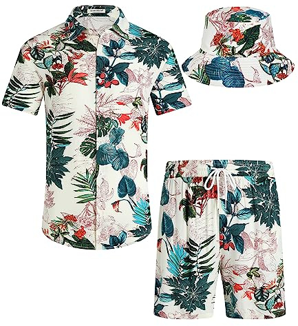 SPKPKEY Ensemble de 2 chemises hawaïennes et shorts pour homme - Chemise décontractée boutonnée - Tenue de plage d'été avec chapeau cloche