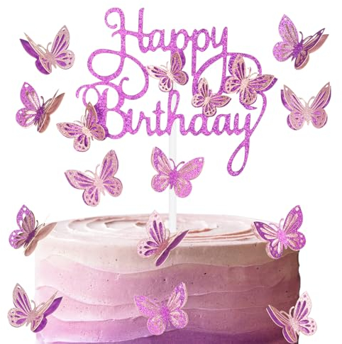 Topper per Torta di Compleanno a Forma di Farfalla, Rosa e Viola - Decorazioni con Farfalle Glitterate per Torte a Tema - per Ragazze e Donne