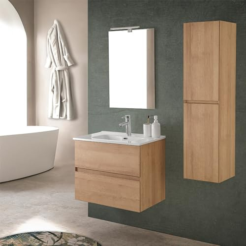 Inbagno Mobile bagno sospeso 60 cm noce gold con 2 cassettoni, lavabo in ceramica, specchio 60x80 e pensile H 120 cm, DAFNE