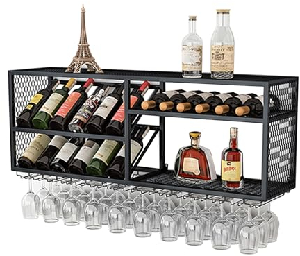 Weinregal, Barregale, Wandmontage, Likörflaschen-Ausstellungsregal, Barschrank mit hängendem Weinglasregal, Minibar, Whiskey-Regal, Bar-Glas-Aufbewahrungshalter, Küchenregal für Zuhause, Bar, Esszimm
