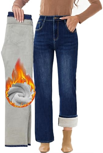 Fakanhui - Pantalones vaqueros térmicos de invierno con forro polar, de pierna ancha, casuales y cálidos para mujer, L