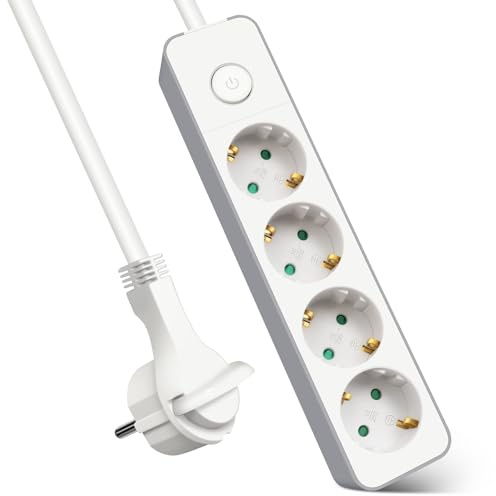 EXTRASTAR Regleta Enchufe con 4 Tomas, Alargador Enchufe con Interruptor, 3 m, para El Hogar, La Oficina y Los Viajes, 3680W, 3G*1.5mm², Blanco, 1pc