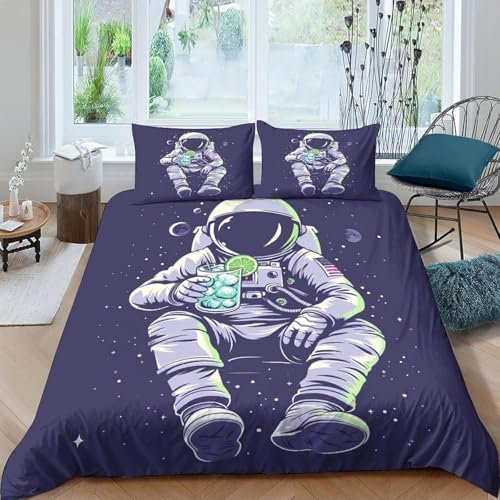 Bettwäsche Set Kinderbettwäsche Astronauten-Weltraum 3D Gedruckt Weich Glatt Mikrofaser Weiche Bettbezug 3 Teilig Mit Reißverschluss + 2 Kopfkissenbezug - Hypoallergene Tagesdecke 230X220 C -651400448