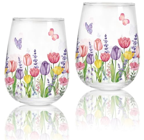 Whaline 2 Pcs Spring Summer Stemless Wine Glasses 17 Oz Tulip Lavender Butterfly Drinking Glasses Watercolor Tumbler Cups for Spring Summer Birthday Party Supplies