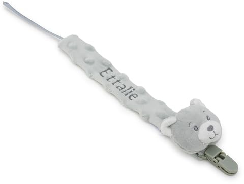 Personalised Dummy Clip for Baby Girls Boys Custom Pacifier Clips with Teddy Bear Dummy Holder Clip with Name Soother Chain for Teething Toy Fabric Dummy Strap Universal Fit 3 Colours (Grey)