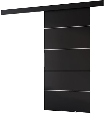 MINIO go for it - Schiebetüren, Schiebetür Zimmertür PRIM B, Schiebetürsystem für Zimmer, Dekorative Streifen, Wandmontage, Türe Innen - Silber/Schwarzer Griff (Schwarz, 106 x 205 x 1,6 cm)