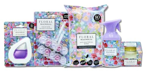 Floral Magnolia Home Care Bundle, 5-Piece Set with Room Spray, Cleaning Wipes, Scented Candle, Air Freshener and Toilet Rim Block